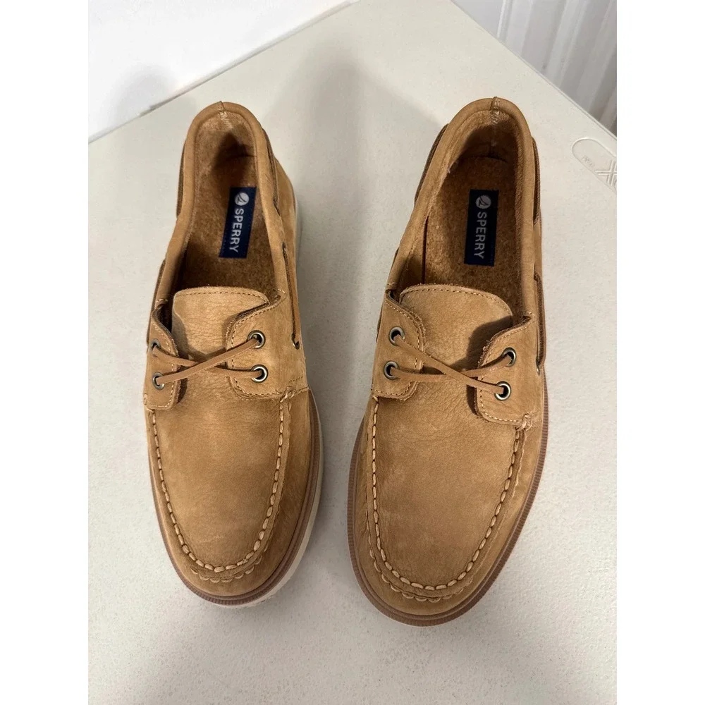 Sperry Top-Sider Mens Tan Leather Boat Shoes Moc Toe Loafers Cork Footbed. 10.5